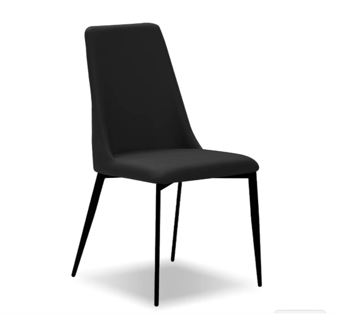 A black dining chair with a upholstered seat and backrest, and a metallic frame.