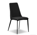 A black dining chair with a upholstered seat and backrest, and a metallic frame.