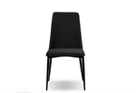 A black dining chair with a upholstered seat and backrest, and a metallic frame.