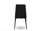 A black dining chair with a upholstered seat and backrest, and a metallic frame.