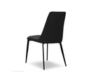 A black dining chair with a upholstered seat and backrest, and a metallic frame.