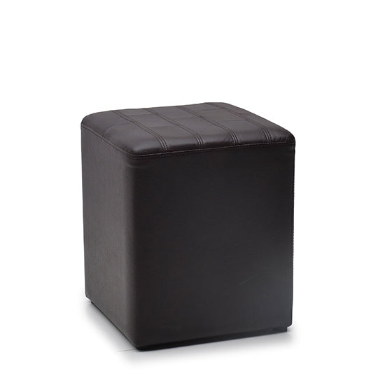 A black leather ottoman with a simplistic and modern design, featuring a square shape and a smooth finish.