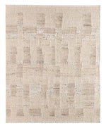 Beige area rug with abstract pattern on a white background