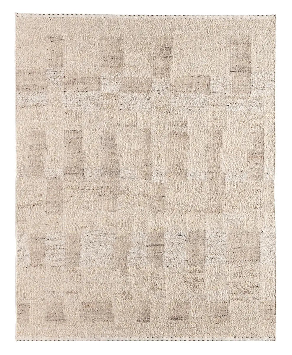 Beige area rug with abstract pattern on a white background
