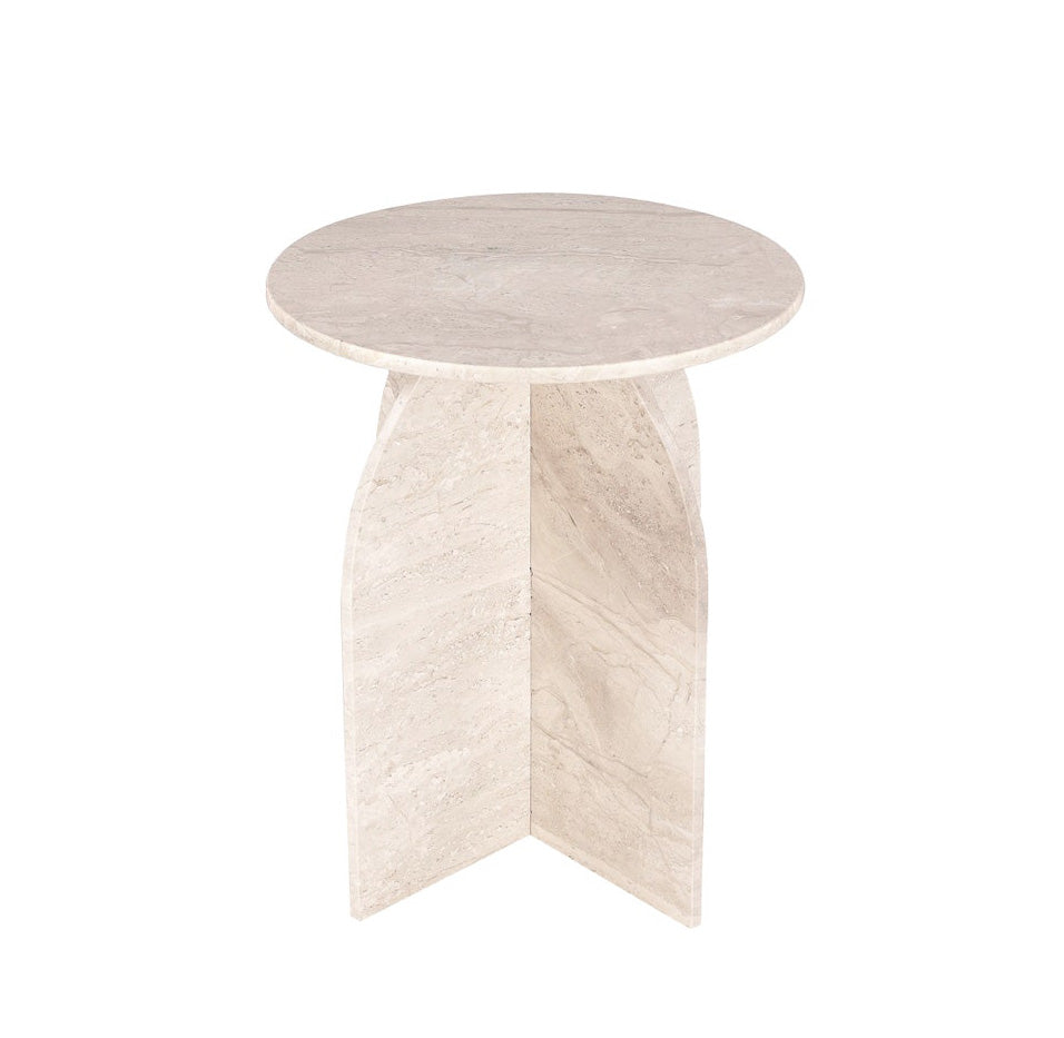 Round marble side table on a white background