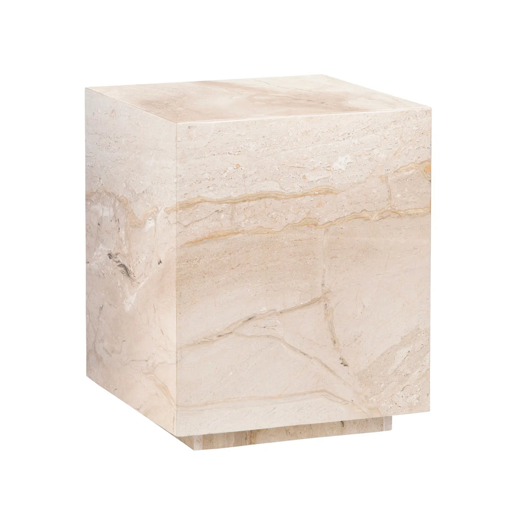 A square-shaped travertine end table with a beige and brown marble pattern.