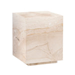 A square-shaped travertine end table with a beige and brown marble pattern.