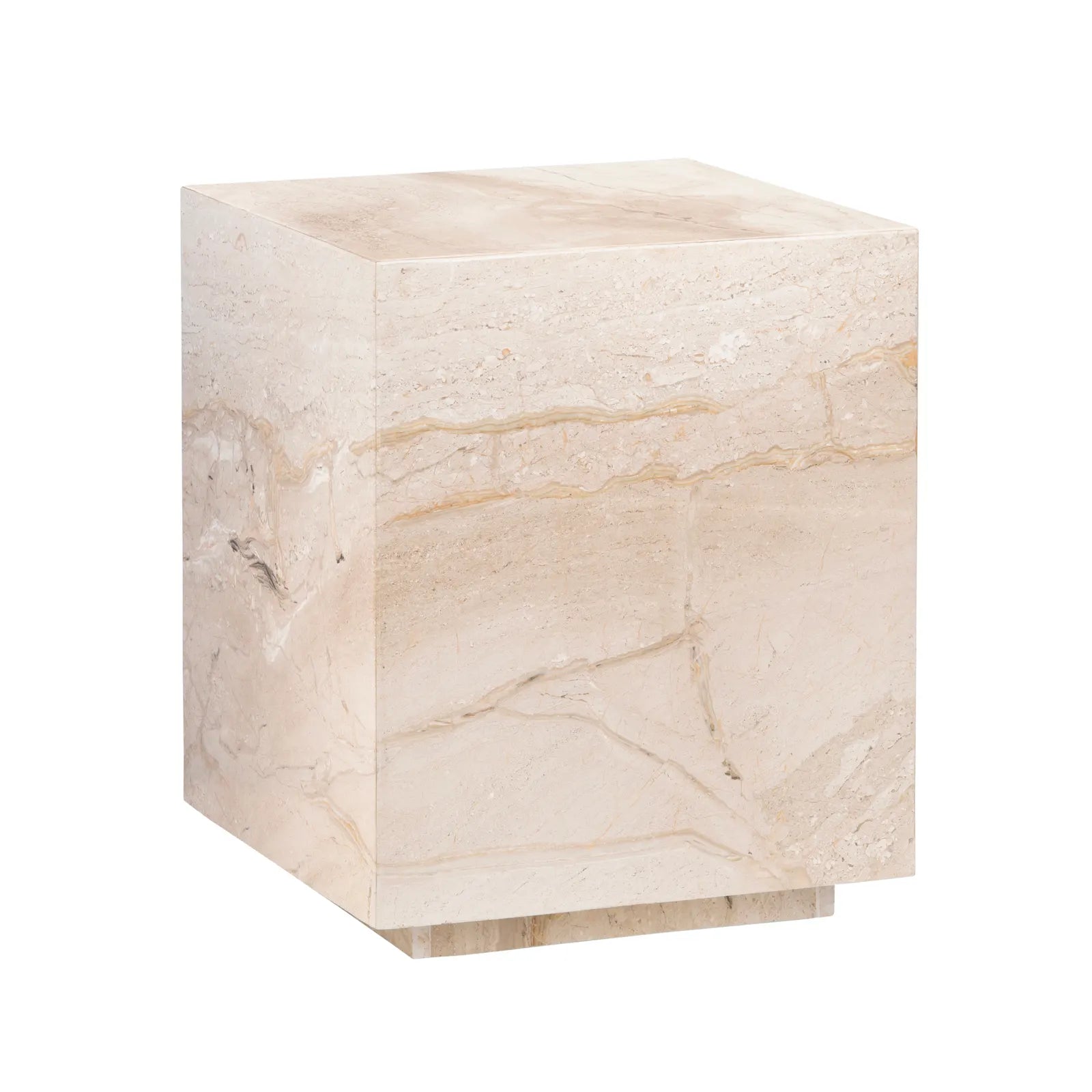 A square-shaped travertine end table with a beige and brown marble pattern.