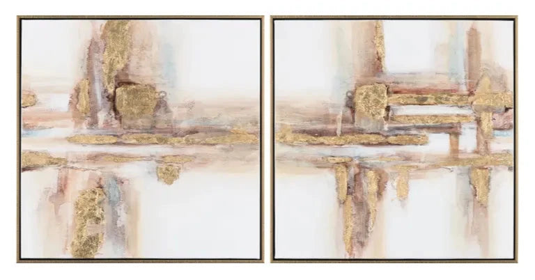 Two canvas wall arts featuring abstract designs with gold accents on a beige background, framed in a gold-colored frame.