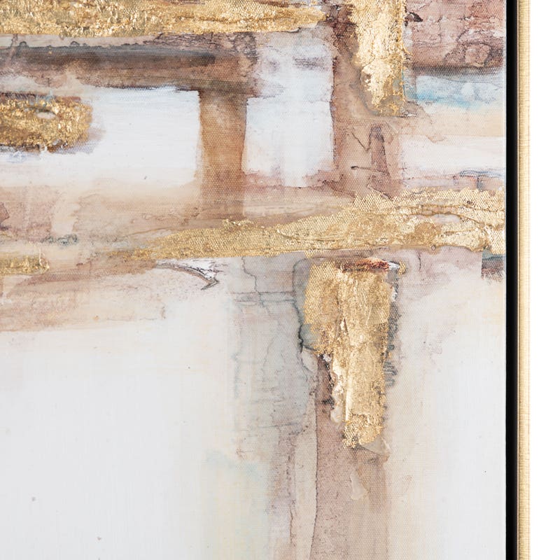 Two canvas wall arts featuring abstract designs with gold accents on a beige background, framed in a gold-colored frame.