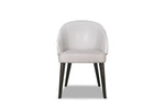 A white upholstered dining chair with a full back and seat, featuring dark brown wooden legs.