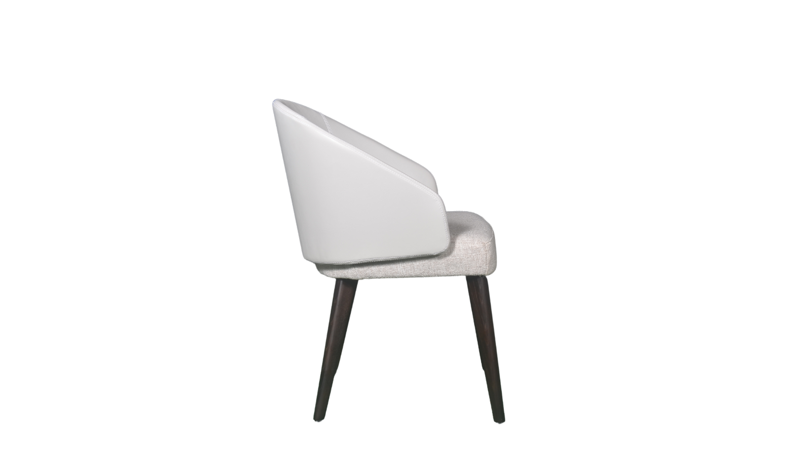 A white upholstered dining chair with a full back and seat, featuring dark brown wooden legs.