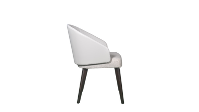 A white upholstered dining chair with a full back and seat, featuring dark brown wooden legs.