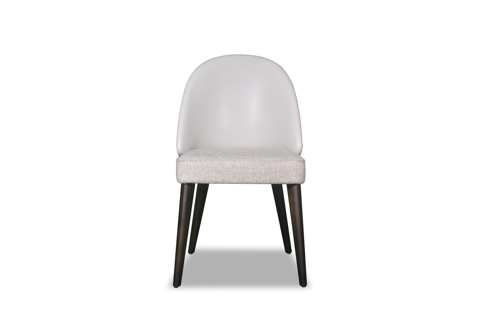A white upholstered dining chair with a modern design, featuring a full backrest and padded seat, on four wooden legs.