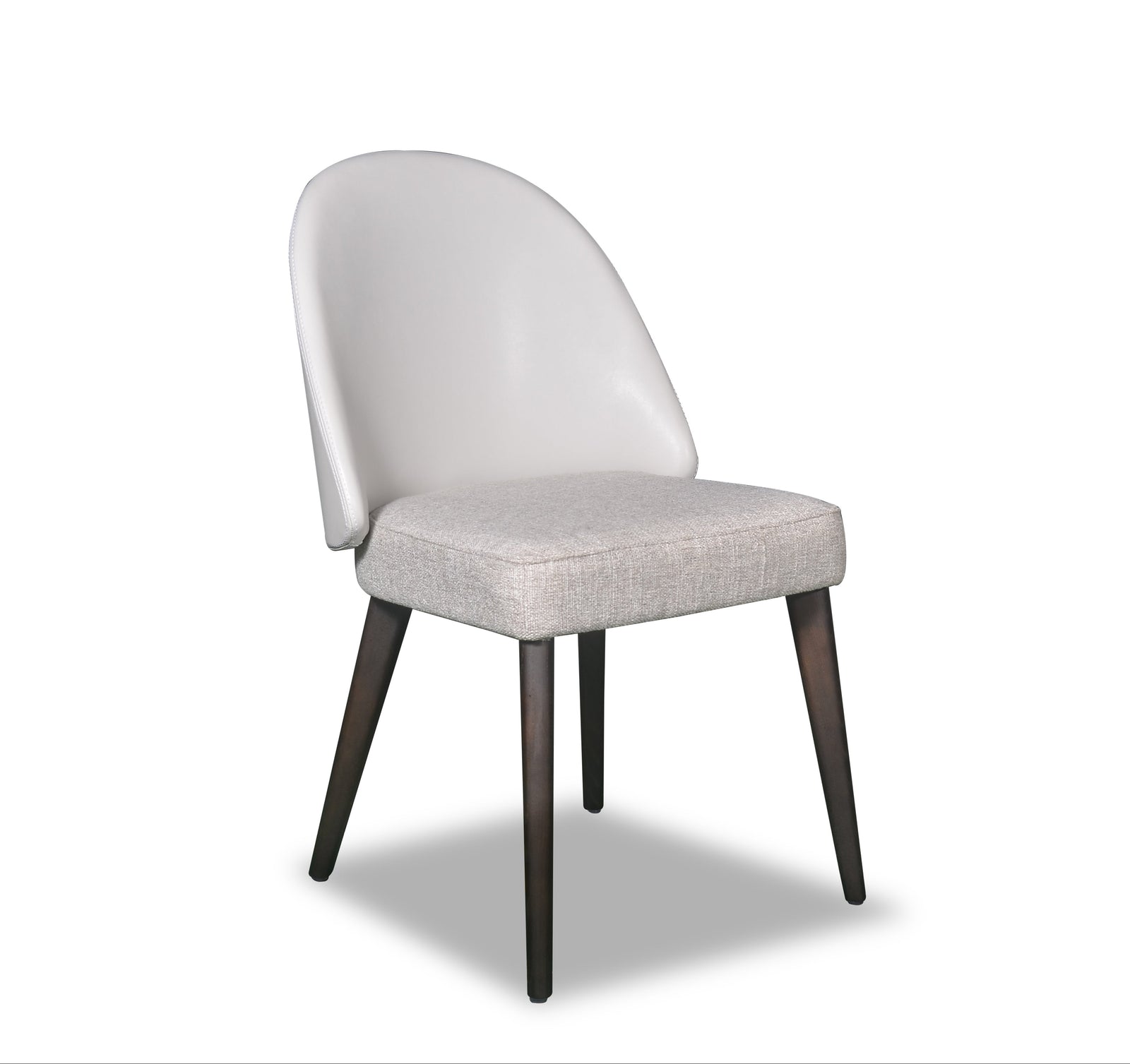 Gray upholstered chair with dark wooden legs on a white background