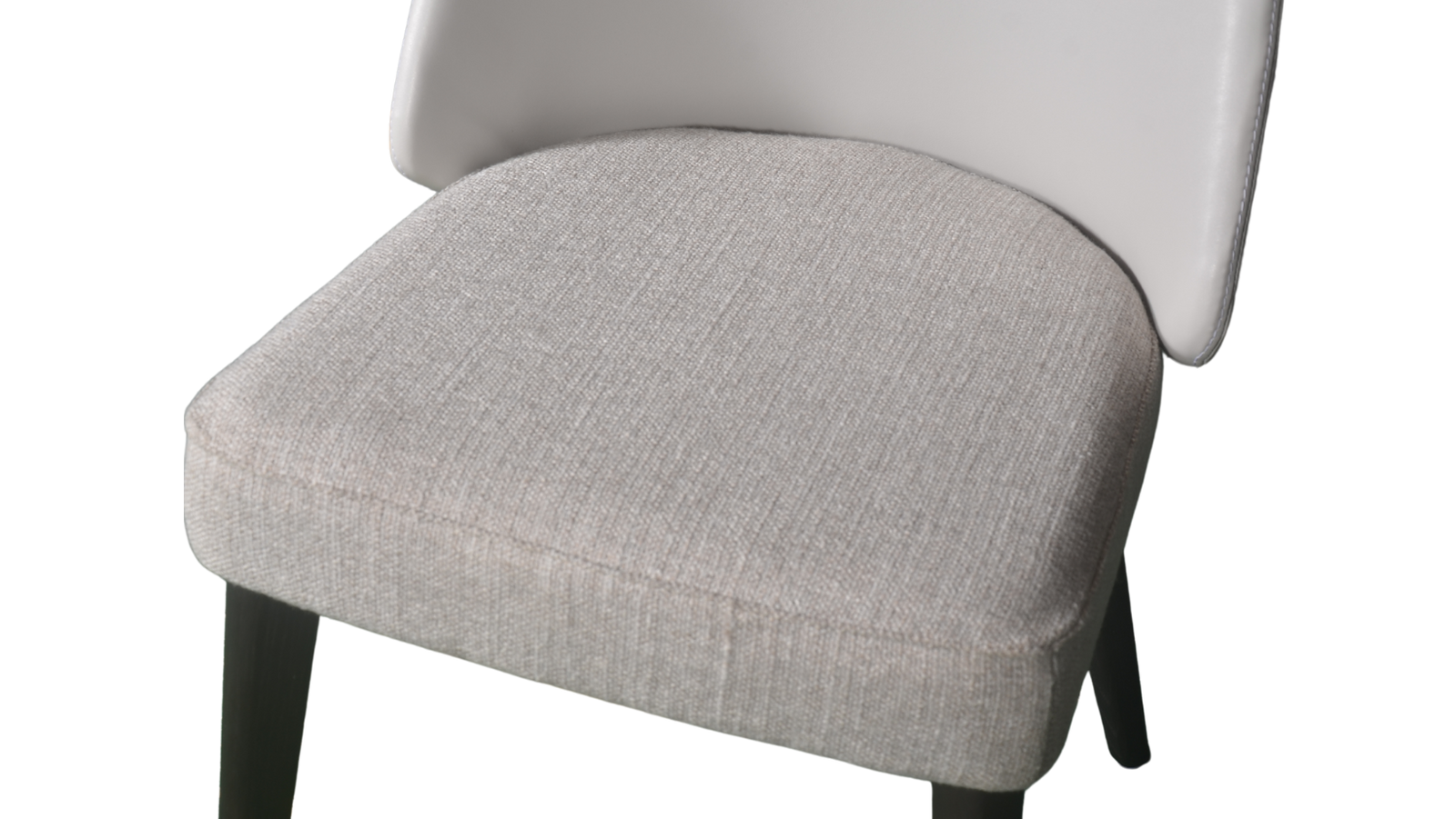 Gray upholstered chair with dark wooden legs on a white background