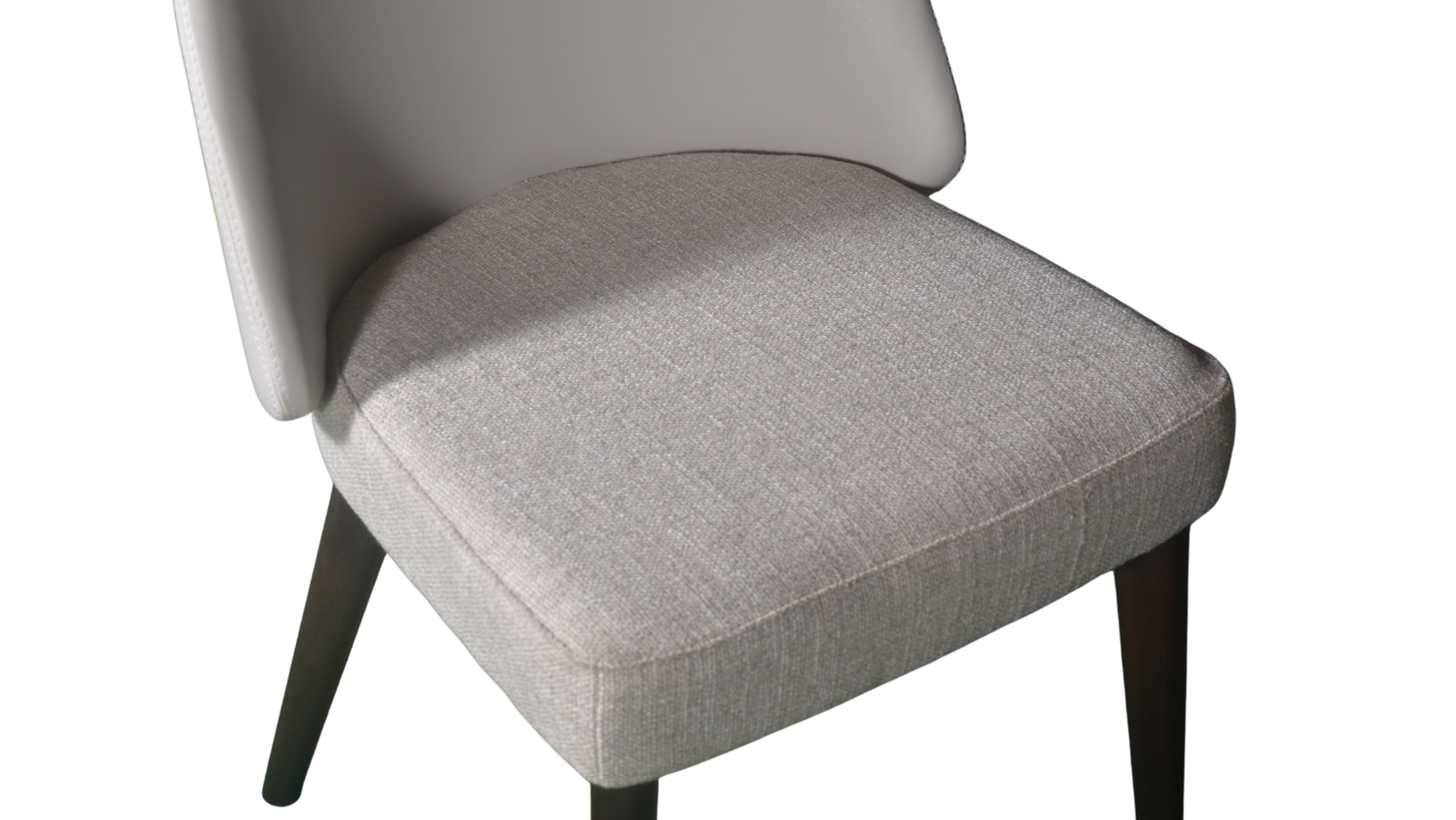 Gray upholstered chair with dark wooden legs on a white background