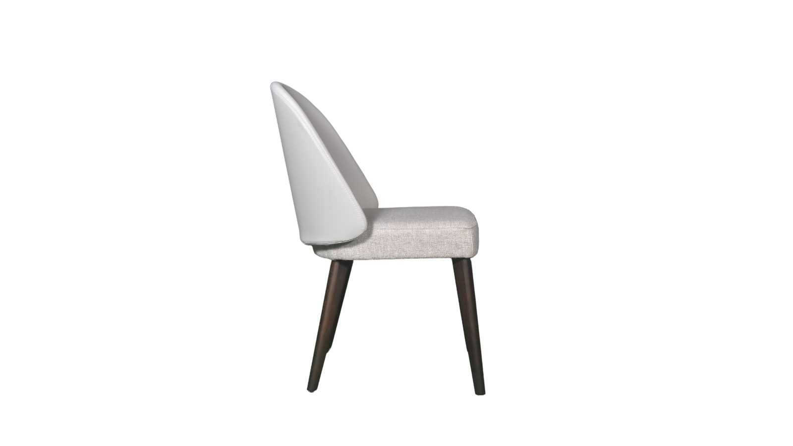 Gray upholstered chair with dark wooden legs on a white background