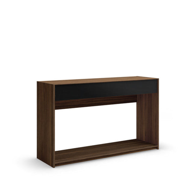 Wooden console table with black top on a white background