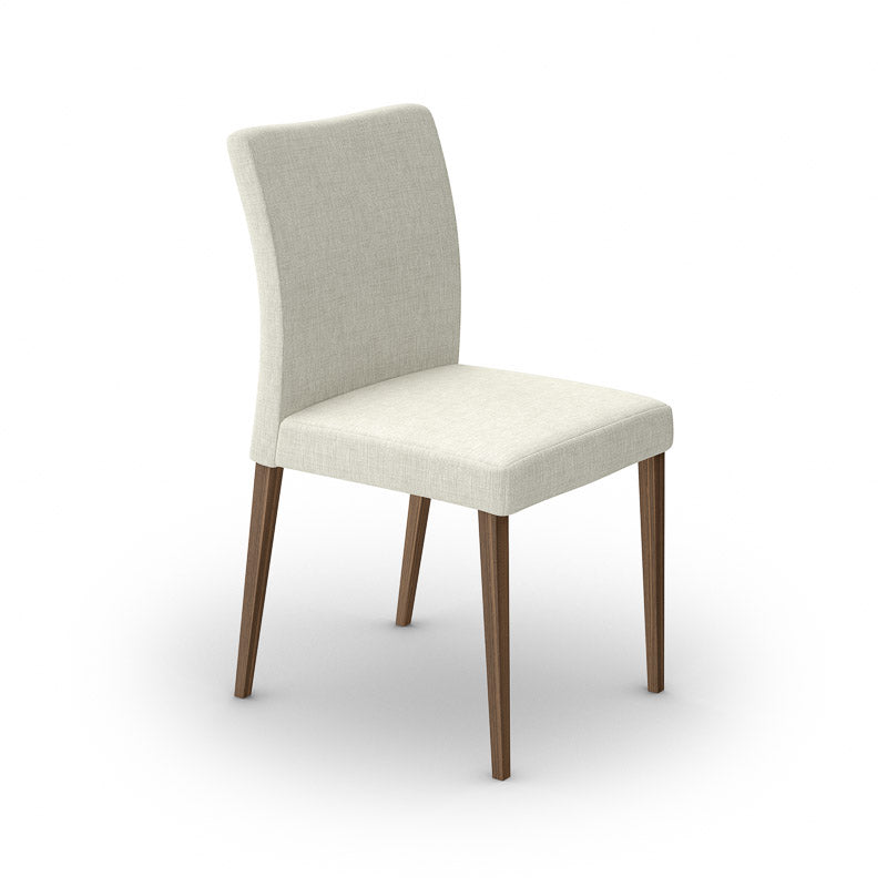 Solid oak dining chair with a beige cushion, having a wooden frame and no backrest.