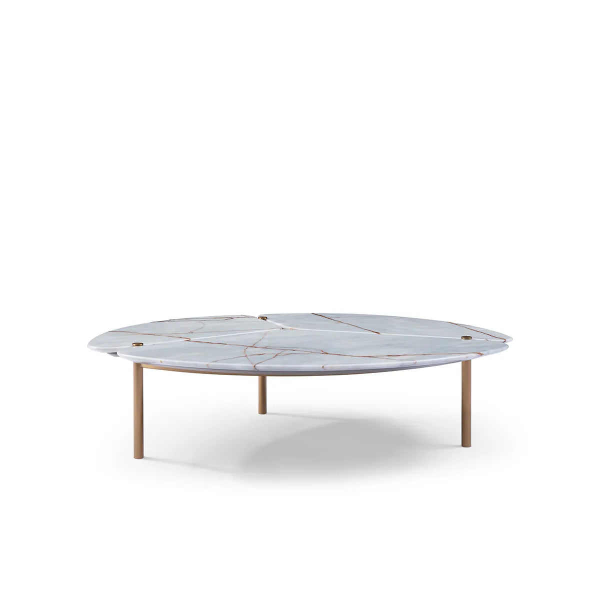 Round marble coffee table with wooden legs on a white background