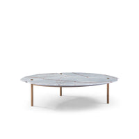 Round marble coffee table with wooden legs on a white background