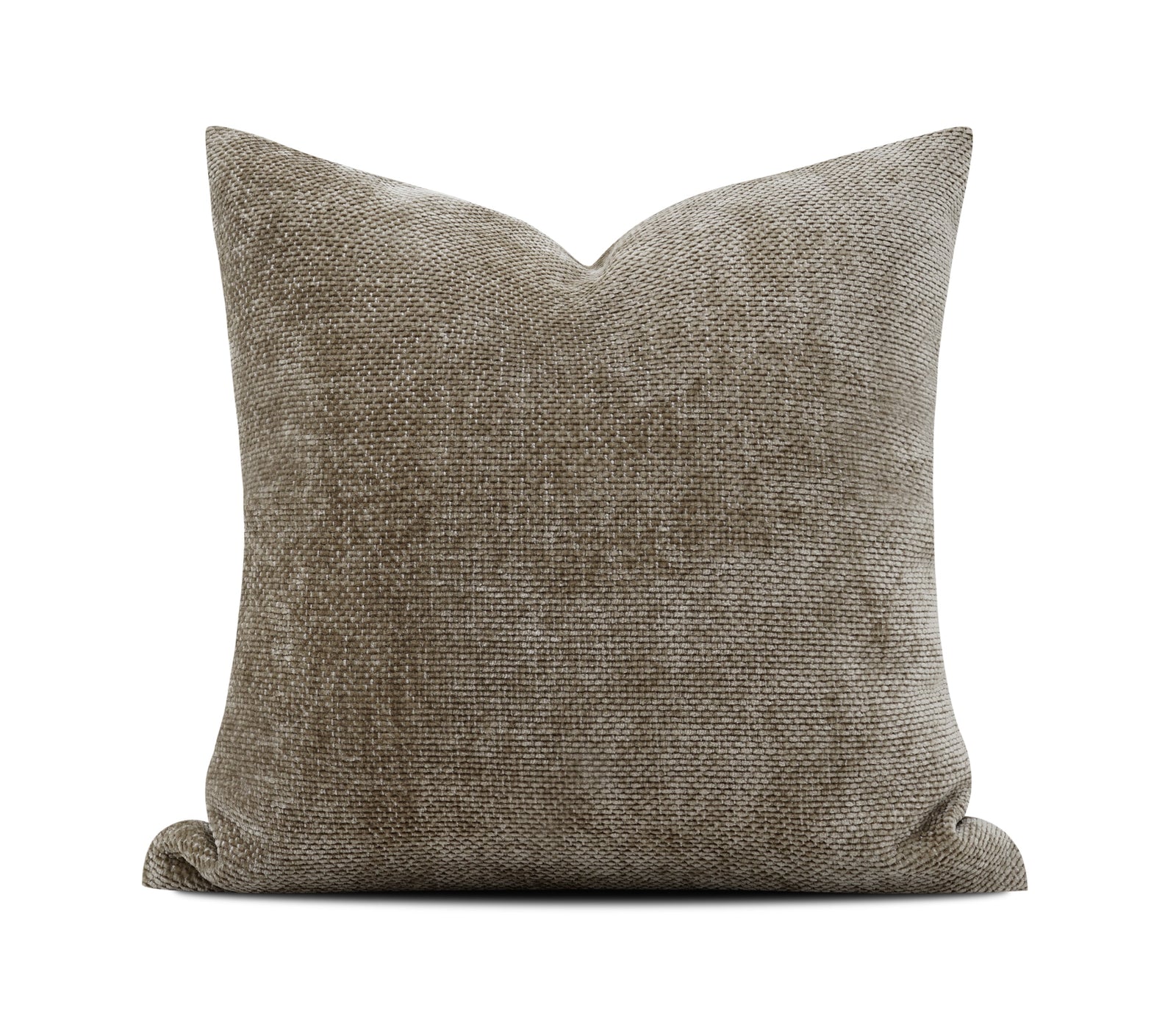 A square throw pillow in a textured taupe-gray fabric, shown against a plain white background