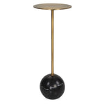 Side table with gold cylindrical top and black spherical base on a white background