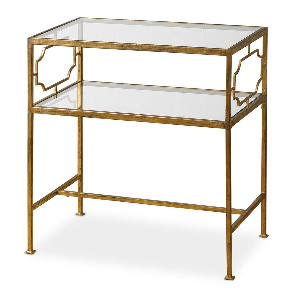 Gold-framed glass-top side table on a white background