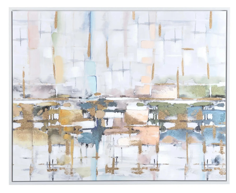 Hand painted abstract wall art featuring shades of blue, beige, and green with a reflective water-like effect.