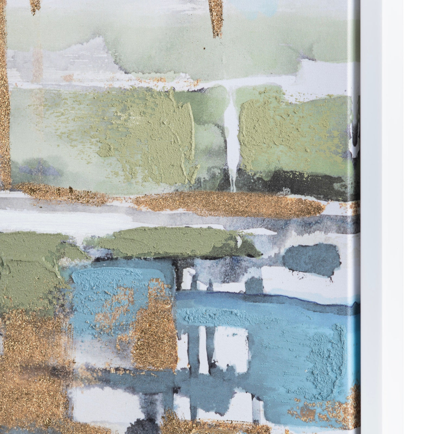 Hand painted abstract wall art featuring shades of blue, beige, and green with a reflective water-like effect.