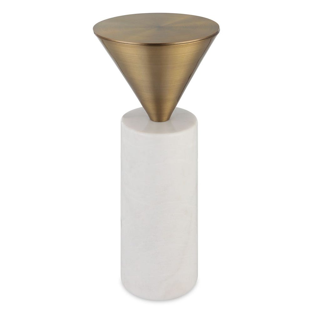Small table with gold cone-shaped top and white cylindrical base on a white background