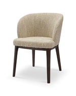 Beige upholstered chair with dark wooden legs on a white background