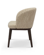Beige upholstered chair with dark wooden legs on a white background