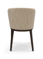 Beige upholstered chair with dark wooden legs on a white background