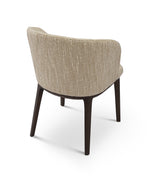 Beige upholstered chair with dark wooden legs on a white background