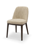 Beige upholstered chair with dark wooden legs on a white background