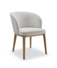 Chair with light gray cushioned seat and backrest on a white background