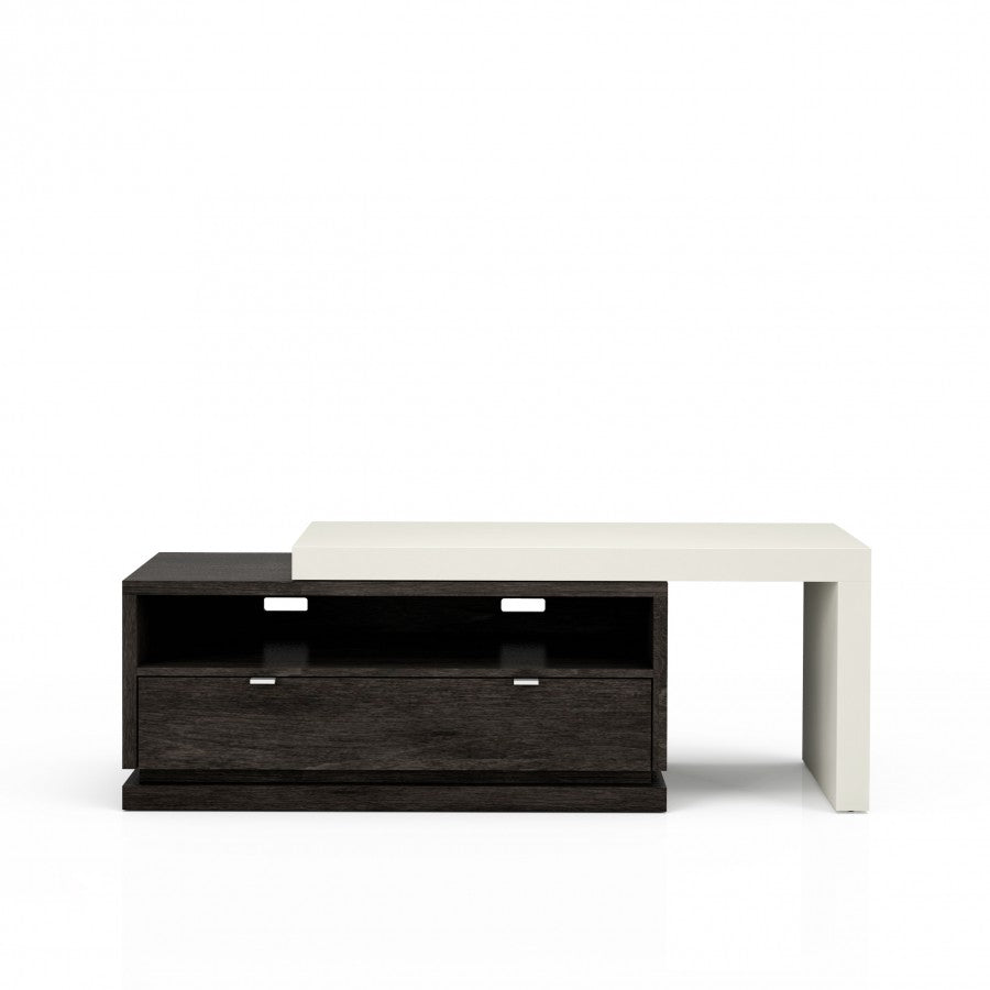Two-toned coffee table with a white top and dark wood base on a white background
