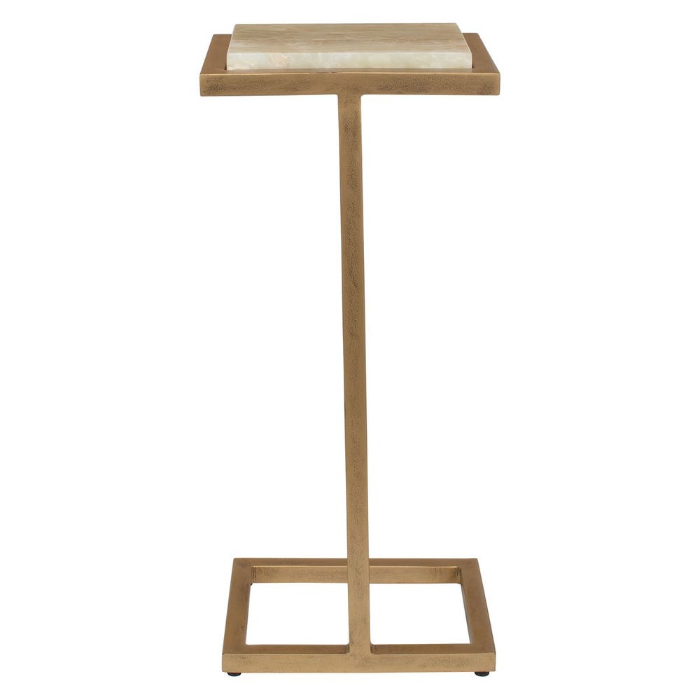 Wooden side table with marble top on a white background