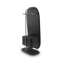 Black stand with a tablet holder and magazine rack on a white background