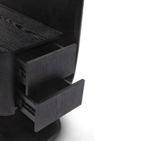 Black wooden cabinet with open drawer on a white background