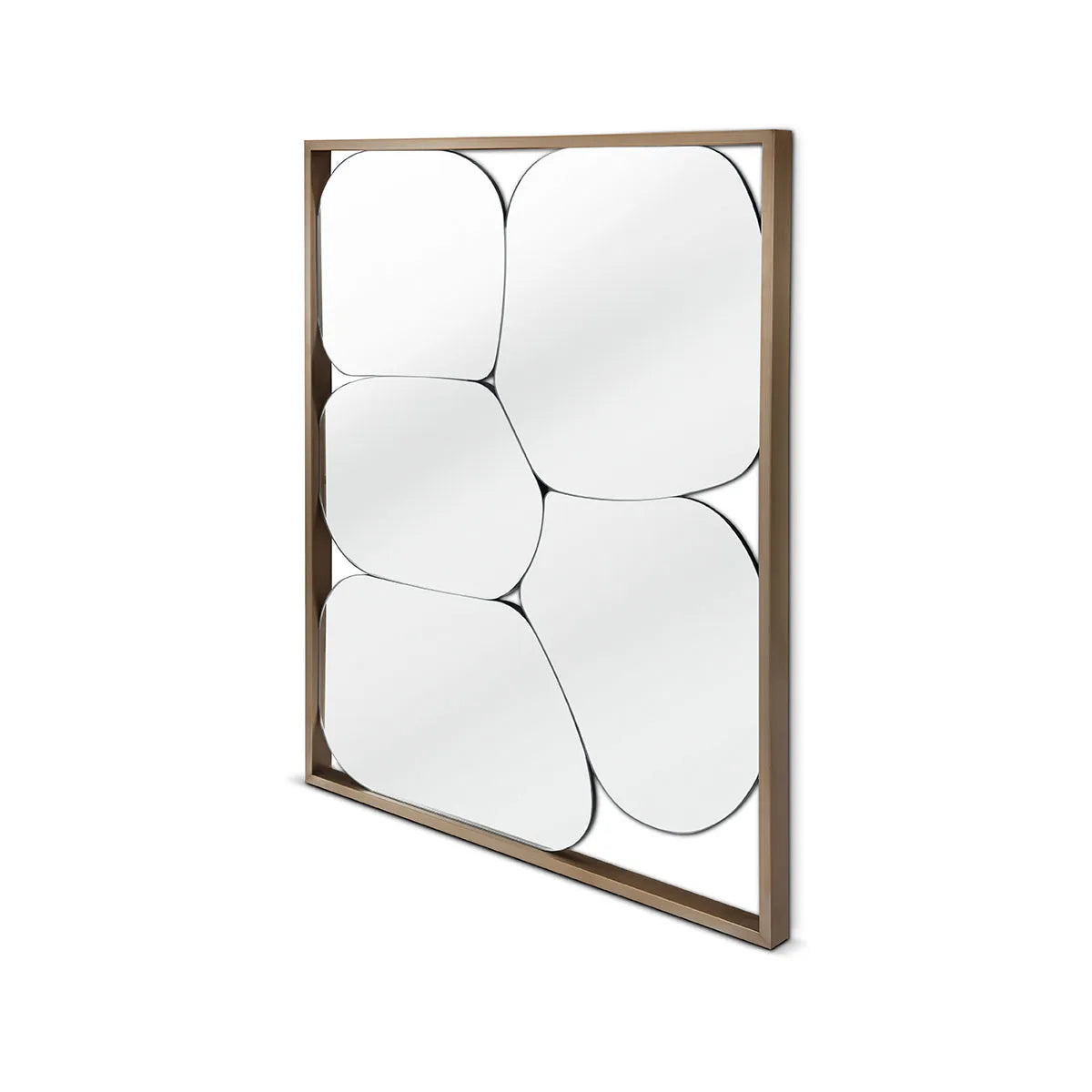 Decorative wall mirror with a wooden frame and circular reflective panels on a white background