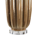 Decorative vase with ribbed design and clear base on a white background