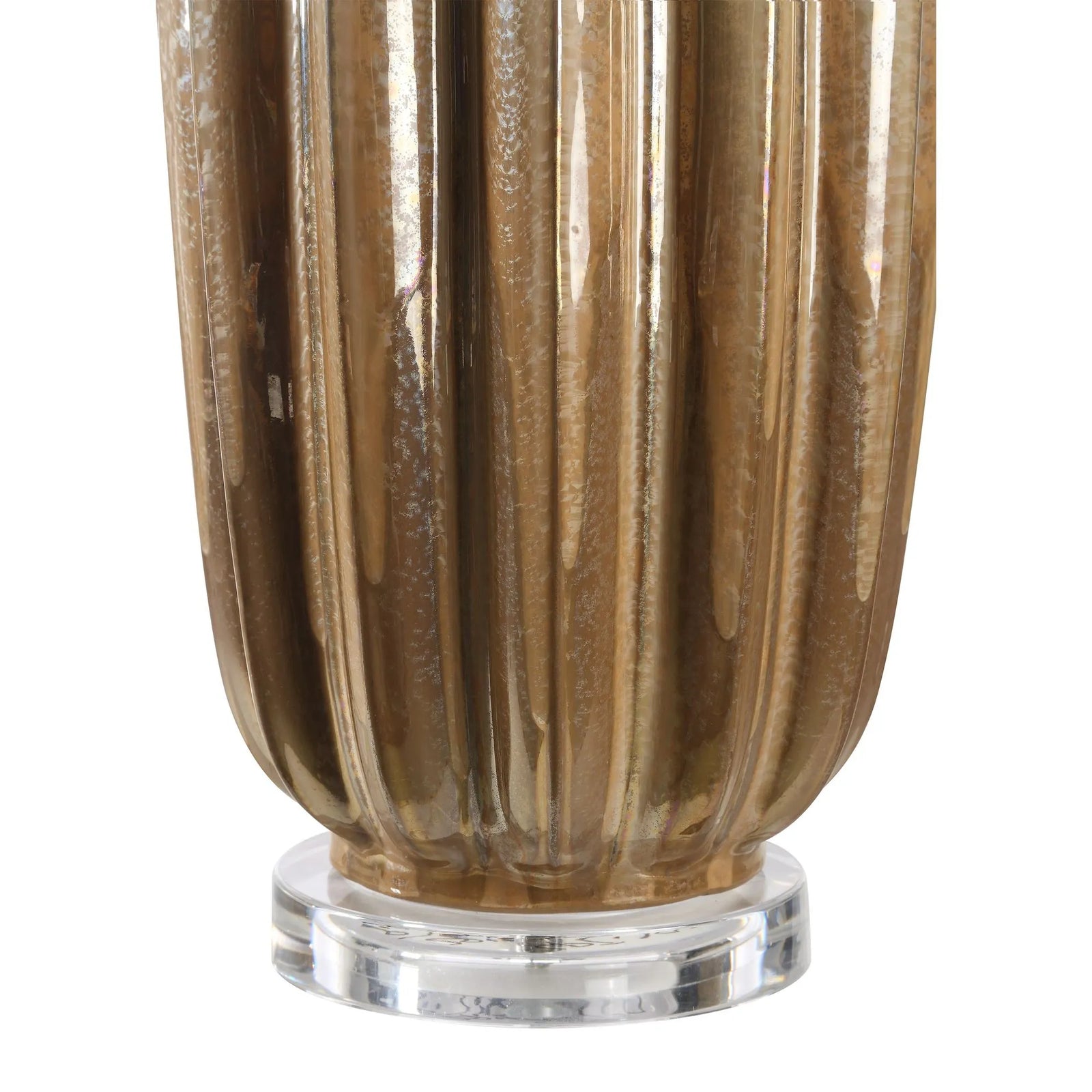 Decorative vase with ribbed design and clear base on a white background