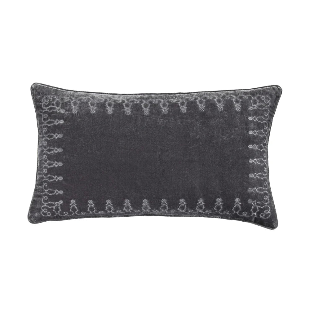 Dark gray pillow with decorative pattern on a white background