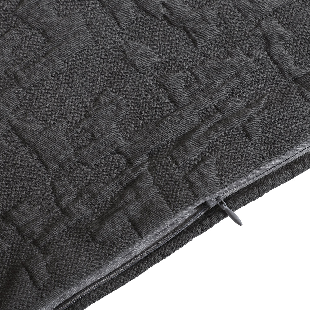 Close-up of a textured black bag with a zipper on a white background