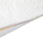 Close-up of a quilted mattress cover with zipper on a white background