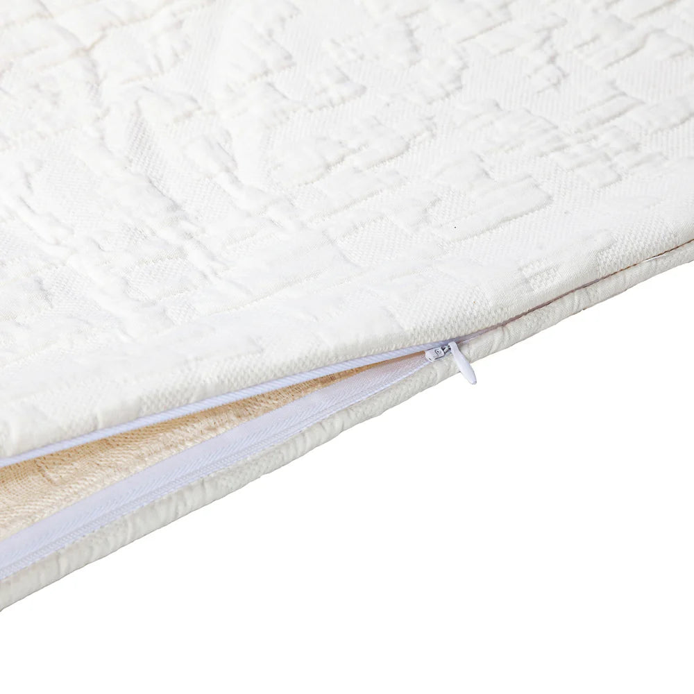 Close-up of a quilted mattress cover with zipper on a white background