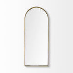 An oval-shaped full-length mirror with a gold antiqued metal frame.